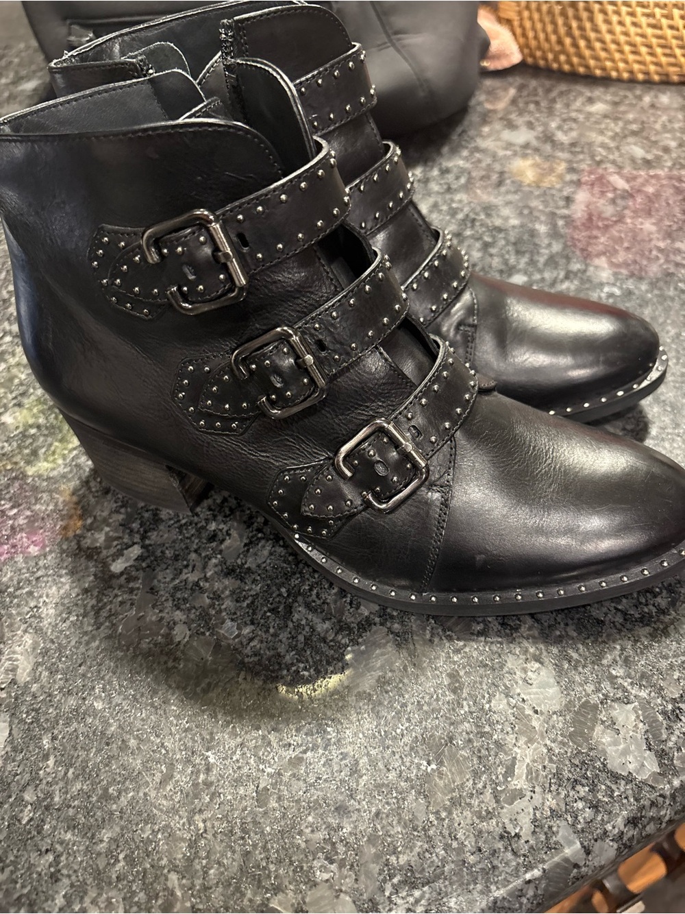 Paul Green Women's Black Studded Leather Ankle Boots with Buckles
